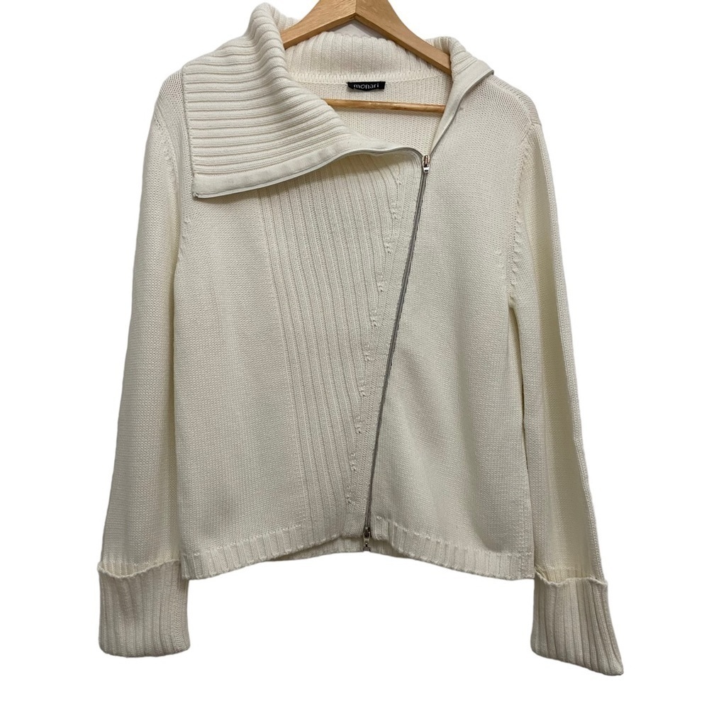 Monari knit sweater cardigan 50% cotton ecru/white fisherman zip up asymetric 8